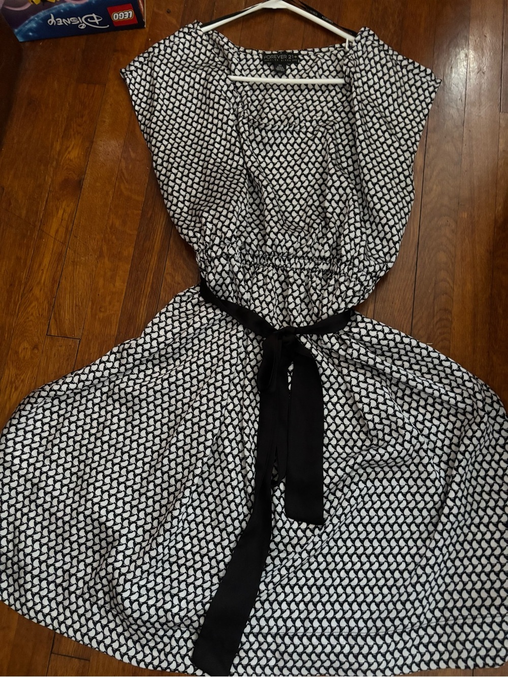 Forever 21 Black and White Printed Midi Dress with Black Tie Belt